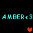 Pixelated cyan text 'AMBER<3' repeats horizontally across black background with red pixel hearts appearing and disappearing at different positions.