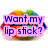 Two rainbow-colored lips with a pink text box reading 'Want my lip stick?' on the left, and the same lips open on the right.