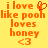 Yellow background with orange pixelated text reading "i love like pooh loves honey <3" and a red heart symbol replacing the 'o' in 'love'.