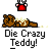 Pixel art contact sheet showing seven animated frames of a skeleton character interacting with a teddy bear, each frame labeled "Die Crazy Teddy!" in pixelated text below the scene.