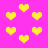 Yellow pixelated hearts float against a bright pink background in an animated pattern.
