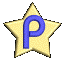 Animated sequence of a blue 'P' letter on a golden star-shaped icon rotating through multiple angles against gray background.