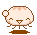 Two pixel-art frames of a cute, round brown-and-white animal character with closed eyes and pink cheeks standing on a brown base against a gray background.