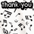 Black-and-white animated icon with musical notes scattered across a white background and text reading "Thank you for the music" in bold black letters.