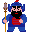 Pixel art character in blue armor with red chest plate holding a spear, shown in two poses with one arm raised.