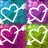 Four heart-shaped neon outlines arranged in a on colorful pixelated backgrounds with no visible animation changes
