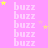 Pink background with repeated 'buzz' text and scattered yellow stars, one gray rectangle in bottom-right corner.
