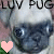 repeated pug faces with text and heart symbols, featuring alternating pink and red hearts