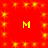 Red background with yellow starbursts and four identical yellow 'M' shapes positioned at corners.