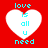 Red background with four white heart shapes arranged in a , each containing cyan text reading 'love is all u need' in pixelated font