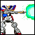 Pixelated robot in silver, blue, and red armor fires a green energy blast from its right arm across four