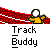 Pixel art icon with red and white checkered pattern on left, yellow figure with white circular head on right, and 'Track Buddy' text below on gray background.