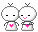Pixel art of two white robot figures with antennae, pink hearts on chests, and smiling faces against gray background.