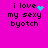 A bright pink background displays four identical text blocks with 'i love my sexy byotch' in black pixelated font, each with a cyan pixelated symbol replacing the heart in 'love' across different frames.