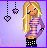 Pixel art contact sheet showing two frames of an animated AIM buddy icon featuring a blonde girl with purple striped shirt and black-and-white checkered pants against light purple background with hanging heart and star decorations.