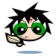 Pixelated cartoon character with spiky black hair, green glasses, and a small red mark on forehead holding a beige object.