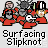 Pixelated cartoon characters in red and gray attire with a black-and-white helmet, positioned above text reading "Surfacing Slipknot" on a light gray background.