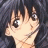 Anime-style character with dark hair and large eyes, side profile against black background with text elements.