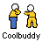 Pixel art contact sheet showing four sequential frames of a yellow stick figure character in various poses with blue pants, labeled "Coolbuddy" at the bottom.