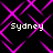 A static image with four instances of the word 'Sydney' in white pixelated text over a black background, overlaid with intersecting pink diamond-shaped lines.