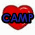 Red heart-shaped icon with blue text "CAMP" overlaid on top, white background.