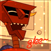 Pixelated red robot with yellow horn, open mouth showing teeth, and black eyes, standing against a light background with scattered white dots.