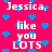 A static pixel art image with a bright pink background, blue heart shapes scattered throughout, and repeated white text reading "Jessica, like you LOTS."