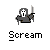 A static pixel art buddy icon featuring a hooded figure with a white mask holding a sword, displayed in two identical frames on a gray background with promotional text for 'badassbuddy.com' and the word 'Scream' below each frame.