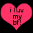 Two identical pink heart-shaped icons with black text reading "i luv my bf!" on a black background.