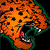 Pixelated orange and green skull with black eye sockets, white teeth, and a pink tongue against a black background.