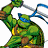 A pixelated cartoon character with green skin and a blue mask holding a weapon, next to green text on a dark background.