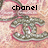 Pixelated image with pink and beige background, two identical metallic 'CC' logos below text reading "chanel" on left and "is love!" on right.