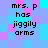 Pixelated text 'mrs. p has jiggily arms' on a of cyan, purple, and pink squares with shifting color patterns