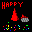 Pixelated animation with red 'HAPPY NEW YEAR!' text, red firework bursts, gray smoke, and multicolored confetti on black background.