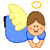 Pixelated angel figure with brown hair, blue dress, yellow wings, and golden halo against gray background.