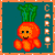 Pixelated carrot character with green leafy top, orange body, smiling face, and four rounded limbs on teal background bordered by orange frame.