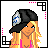 A 4x3 contact sheet of pixel art frames showing a blonde character in various poses and text changes, with pink dotted borders on white backgrounds.