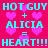 Static image with bright pink background, cyan text reading "HOT GUY + ALICIA = HEART!!!" repeated twice in a pattern over scattered pink hearts