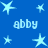 Blue background with light blue stars and repeated "abby" text in pixelated font across the image.