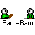 Pixelated green figure with white head and brown prop, shown in multiple poses including single, paired, and speech bubble text "BAM BAM!" against gray background.