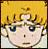 Pixelated close-up of a character with blonde hair, blue eyes, and a neutral expression against a yellow background.