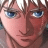 A 48x48 pixel buddy icon featuring a close-up of an anime-style character's face on the left and text elements on a black background on the right, displayed as part of a contact sheet with two frames.