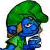 Blue Smurf character with green hat and clothing holding a white object, surrounded by multiple variations of the text 'SMURF' in green pixelated font.