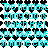 A static image with cyan text repeating phrases over a black-and-white heart pattern background.