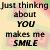 Pixelated text on a pastel gradient background reads 'Just thinking about YOU makes me SMILE' with black block letters.