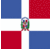 Dominican Republic flag with central coat of arms on left; circular red-bordered emblem with blurred figures and text on right.