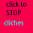 A red background displays three of text with 'click to STOP' above each , and distinct colored words below: cyan 'cliches', blue 'war', yellow 'rumors'