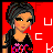 Pixelated character with dark hair in a bun, wearing black top and earrings against red background with white letters.