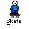 Animated contact sheet of a pixel art character performing skateboarding actions across 15 frames with consistent text label beneath each frame.