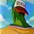 Pixelated figure with green torso, red chest marking, and white head against blue sky background.